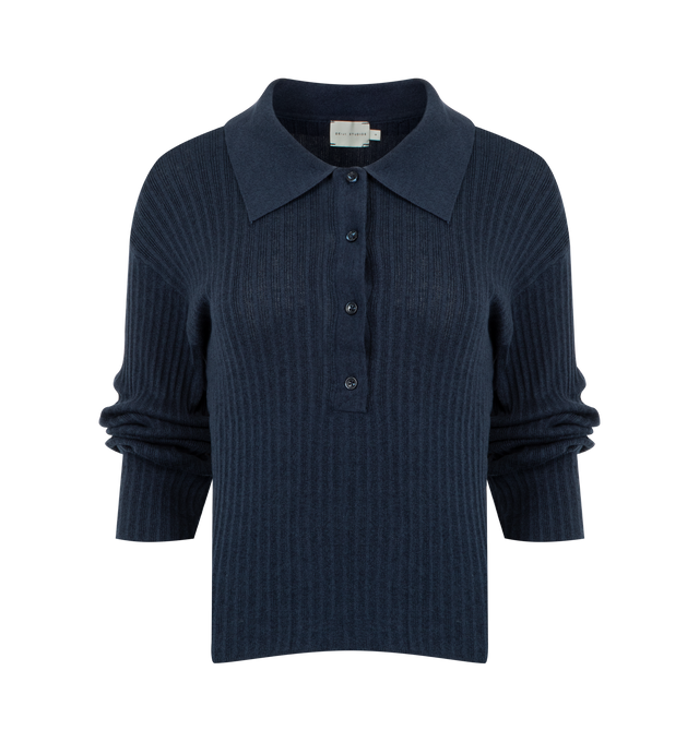 Image 1 of 2 - NAVY - DEIJI STUDIOS Polo Knit featuring a relaxed polo knit long sleeve top, soft open collar with button placket and dropped shoulders. 100% organic cotton.