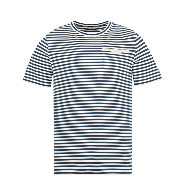 Image 1 of 3 - BLUE - MONCLER Striped Cotton T-Shirt featuring a stretch cotton blend, crew neck, short sleeves, chest pocket and leather logo details. 92% cotton, 8% elastane/spandex.