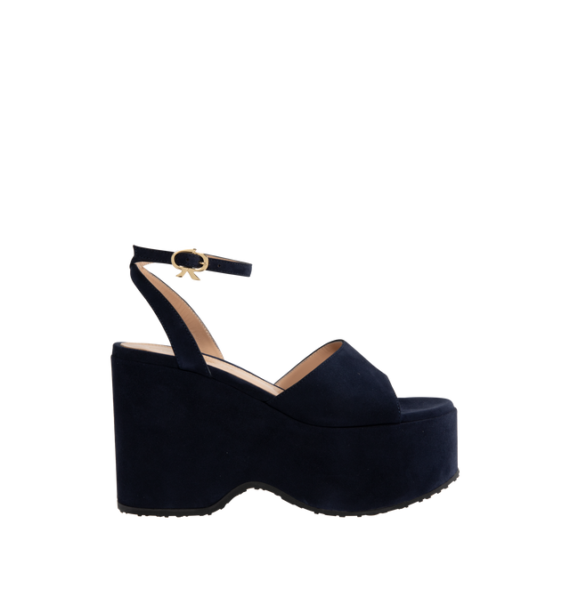 Image 1 of 4 - NAVY - GIANVITO ROSSI Thalia Camoscio featuring round toe ankle strap with buckle, platform wedge measures 110mm at the back of the heel and is completed with a rubber sole.