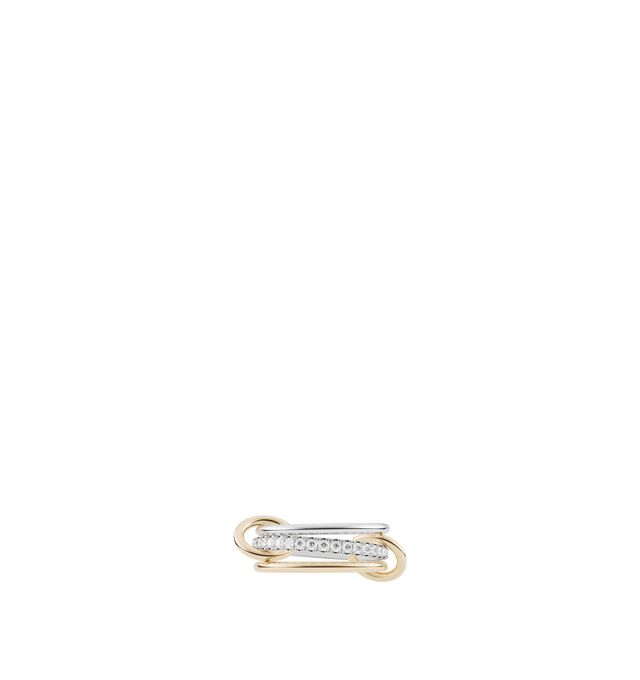 Image 1 of 1 - GOLD - Spinelli Kilcollin Tigris ring is expertly crafted with a central band of u-pav diamonds, framed by two equal-gauged bands of .925 sterling silver or 18k yellow gold. All bands are linked by orbiting 18k gold connectors, resulting in an elegant and lightweight complement to any ensemble. Each Tigris is artfully handmade in Los Angeles. Bands: .925 sterling silver, 18k yellow gold. 1.7mm gauge .925 sterling silver band. 2.3mm gauge .925 sterling silver band1.7mm gauge 18k yellow gold ba