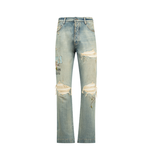 Image 1 of 4 - BLUE - AMIRI Chateau MX1 Straight Flare Jean featuring a straight flare fit, distressed detailing, 5 pocket style and embroidered logo. Cotton.