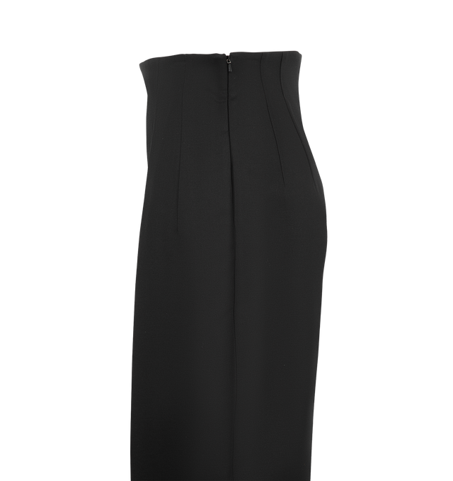 Image 3 of 3 - BLACK - Khaite Womens Trousers are crafted from wool silk cady. Feature a mid-rise waist, wide-leg silhouette, sculpted bowed inseam, clean front pleats, elongated darts, and a jetted welt back pocket. Main Material: 74% Wool, 26% Silk. Made in the USA.
