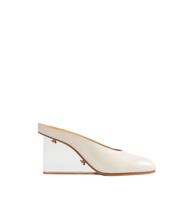 Image 1 of 4 - WHITE - Maison Margiela Women's Plexi Pump Mules are crafted from white calf leather with a soft, polished finish. The slip-on silhouette features a rounded toe, open back, sculpted transparent wedge heel, and the Maison's signature single white stitch at the back. Upper: 100% Calf Leather. Lining: 100% Ovine Leather. Contrast: 100% Calf Leather. Sole: 100% Calf Leather. Made in Italy.