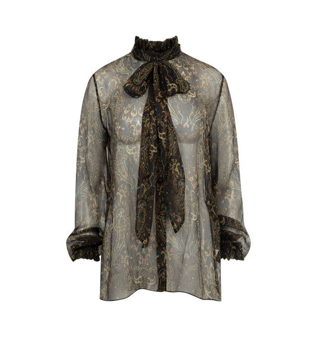 Image 1 of 4 - BROWN - SAINT LAURENT Printed Blouse featuring hidden front button closure, tie-up detail at collar, buttoned cuffs, sheer chiffon fabric and print throughout. 100% silk. Made Italy.