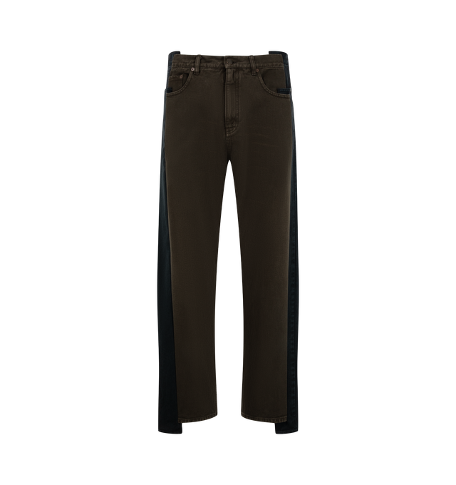 Image 1 of 3 - MULTI - Maison Margiela Men's Straight-Leg Spliced Denim Jeans are crafted from cotton denim using the brand's Assemblage technique and feature a full-length straight-leg silhouette, contrasting blue-black side panels, five-pocket construction, a zip and button closure, and the signature four white stitches at the back. This designer denim combines innovative layered construction with timeless styling for elevated everyday wear. Main Material: 100% Cotton. Made in Italy.