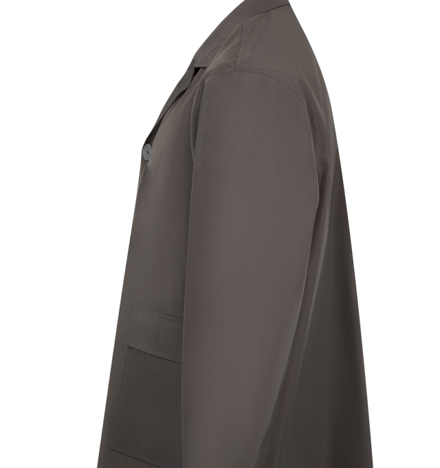 Image 3 of 3 - GREY - THOM BROWNE Light Memory Tech Sportcoat featuring front button closure, patch hand pockets with flap, unlined, logo print, signature striped grosgrain loop tab and packable. 76% polyester recycled, 24% polyester. Made in Italy.
