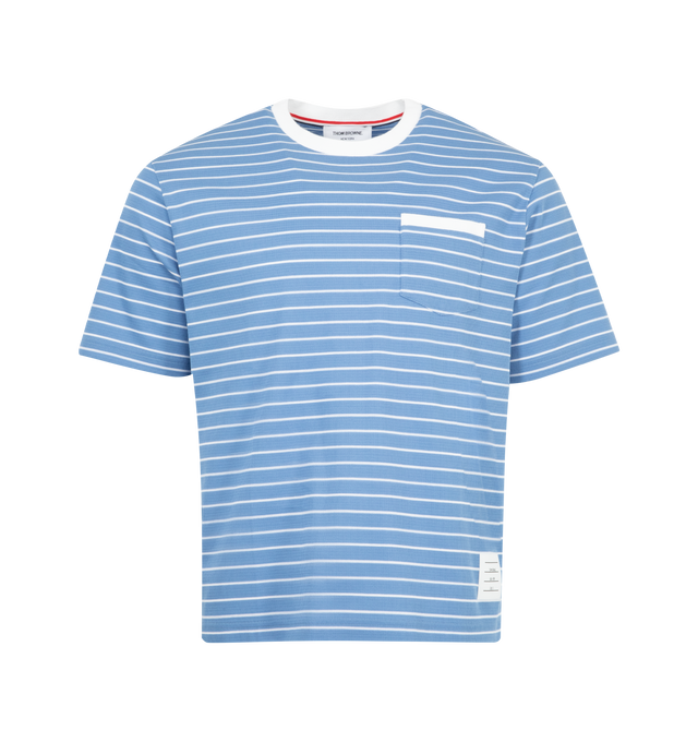 Image 1 of 2 - BLUE - THOM BROWNE Milano Pocket Tee featuring chest patch pocket, short sleeves, crewneck, stripes throughout, name tag applique, buttoned side vents with signature striped grosgrain trim, dropped back hem and signature striped grosgrain loop tab. 100% cotton. Made in Italy.