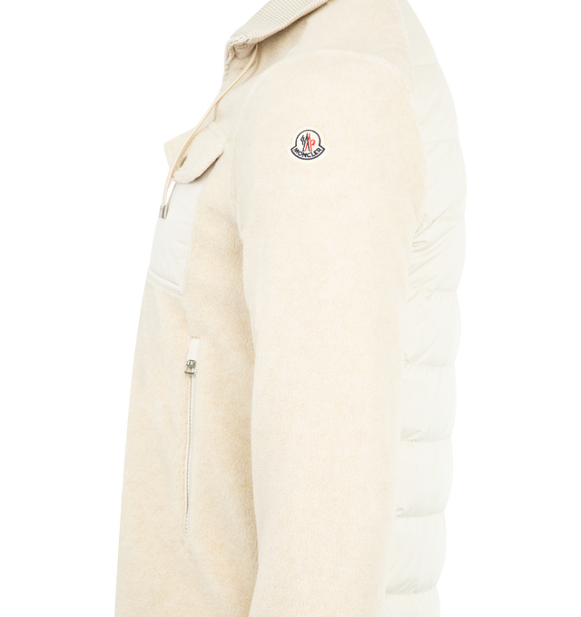 Image 3 of 3 - WHITE - MONCLER Padded Zip-Up Sweatshirt featuring teddy fleece, down-filled nylon back, adjustable stand collar, zipper closure, nylon chest pocket with snap button closure, zipped pockets and hem with drawstring fastening. 73% polyester, 27% acrylic. 100% polyester. Padding: 90% down, 10% feather. Made in Moldova.
