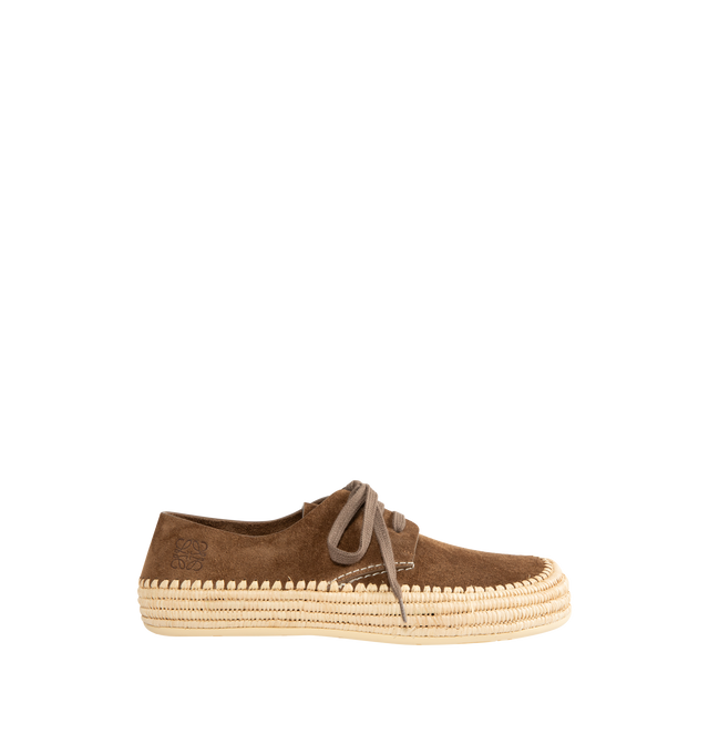 Image 1 of 5 - BROWN - LOEWE Rio Lace-Up Shoe featuring lace-up in suede with a natural raffia sole and a signature petal toe shape, 5mm heel, anagram embossed on the upper, extra-padded insole, Anagram-embossed rubber outsole and suede bonding. Suede/Raffia. Made in Spain.