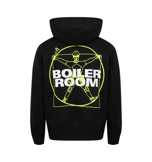 Image 2 of 2 - BLACK - PLEASURES Workman Hoodie featuring fixed hood, kangaroo pocket, graphic print on back and ribbed cuffs and hem. 60% cotton, 40% polyester fleece.