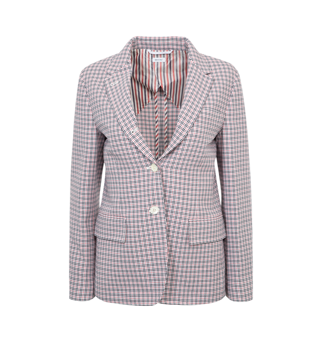 Image 1 of 2 - MULTI - THOM BROWNE CLASSIC SPORT COAT featuring check pattern, crepe texture, notched lapels, front button fastening, long sleeves, buttoned cuffs, two front flap pockets, chest welt pocket, straight hem, striped partial lining and English rear vents. 98% cotton, 2% polyamide. 