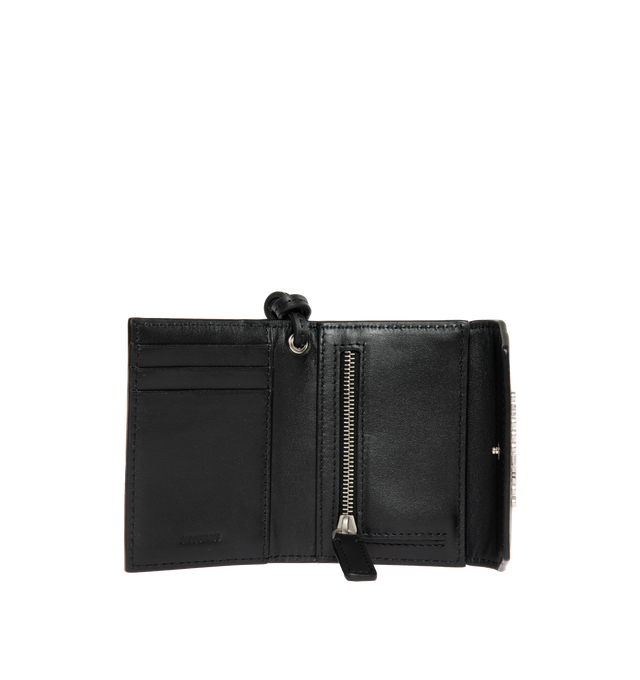 Image 3 of 3 - BLACK - JACQUEMUS Le Porte Jacquemus featuring envelope wallet, snap closure, card slots, interior zipped pocket, silver metal logo and hardware. 10.5 x 8 cm. Detachable knotted 17cm strap. 100% cowskin. Lining: 100% cotton. Made in Spain. 
