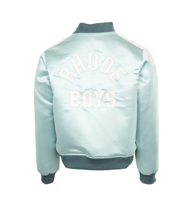 Image 2 of 4 - BLUE - RHUDE Bodys 02 Satin Bomber featuring long sleeves, zip front closure, stand collar, ribbed waist, and cuffs and slit pockets.  