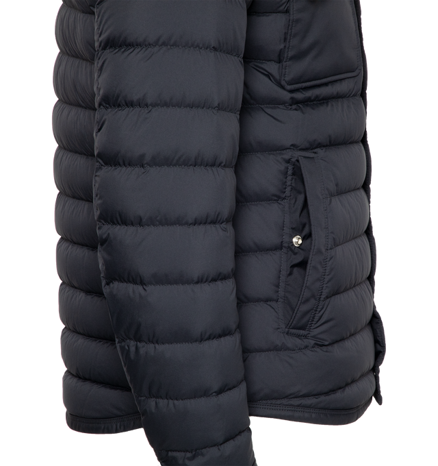 Image 3 of 3 - NAVY - MONCLER Fauscoum Down Shacket featuring recycled longue saison lining, collar and yoke in flannelle legere, down-filled, zipper and snap button closure, pockets with snap button closure, internal zipped pocket, adjustable cuffs and leather logo. 100% polyamide/nylon. Padding: 90% down, 10% feather. 