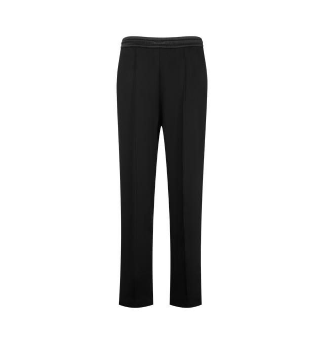 Image 1 of 3 - BLACK - Wales Bonner Men's Form Track Pant is crafted from a stretch cotton-blend piqu fabric and features a straight-leg silhouette with side stripe detailing and piped trim. Designed with an elasticized waistband and concealed drawstring, these track pants are finished with pinched seams at the legs, zip vents at the cuffs, two side welt pockets, and a rear welt pocket with logo embroidery. Main Material: 56% Polyester, 39% Cotton, 5% Elastane. Lining: 100% Organic Cotton. Trim: 100% Viscos