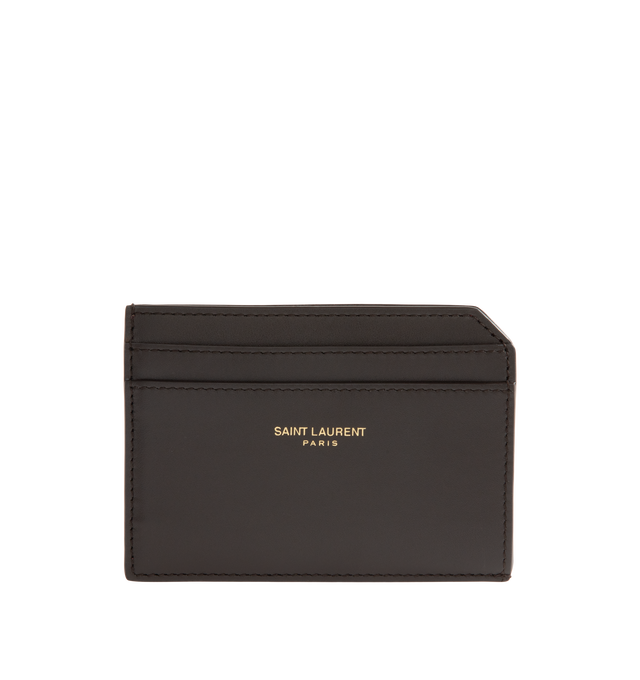 Image 1 of 3 - BROWN - Saint Laurent Mens Card Case is crafted from calfskin leather. Features an embossed Saint Laurent Paris logo, contrasting interior, seven card slots, and bronze-tone hardware. Dimensions: 10.7 7.5 0.5 cm. Main Material: Calfskin Leather. Made in Italy.