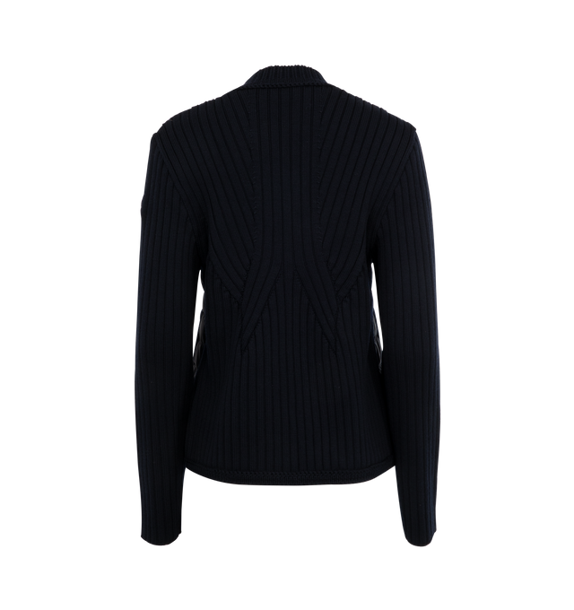 Image 2 of 3 - NAVY - MONCLER Padded Wool Cardigan featuring Merino wool, polyester lining, down-filled polyester front, gauge 7, collar, snap button closure, patch pockets and leather logo patch. 100% polyester. 100% virgin wool. Padding: 90% down, 10% feather. Made in Moldova.