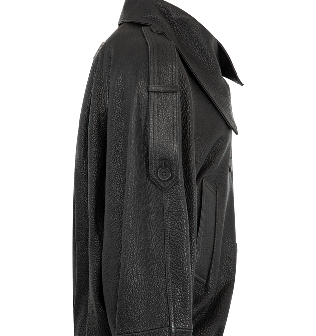 Image 3 of 3 - BLACK - Acne Studios Women's Cropped Leather Trench Coat is crafted from full-grain lamb leather and features a double-breasted silhouette with an elongated neckline, elasticated balloon hem, epaulettes, sleeve tabs with buckle detailing, and side pockets. This designer leather trench coat combines contemporary tailoring with premium craftsmanship, finished with a signature leather logo label at the back neckline and a relaxed, below-the-waist fit. Main Material: 100% Lamb Leather. Lining: 10
