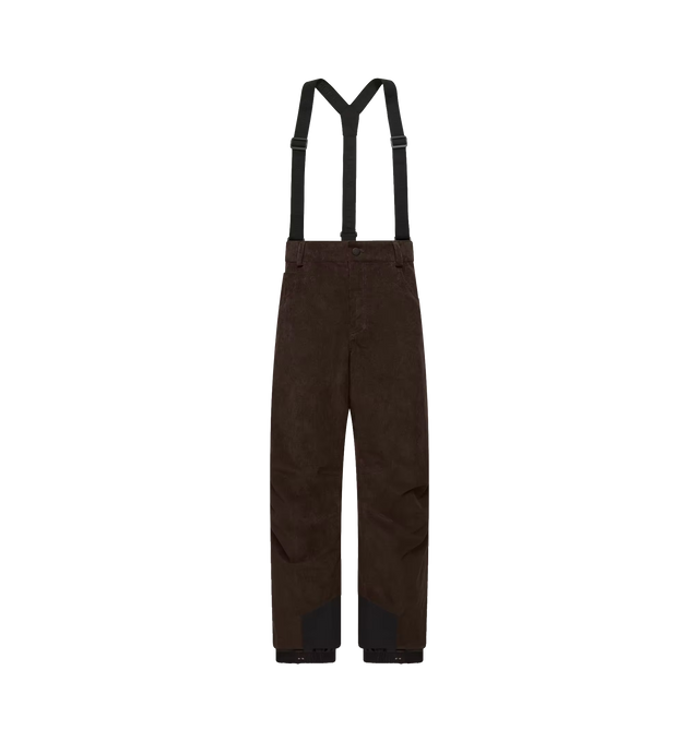 Image 1 of 1 - BROWN - Moncler Grenoble Men's Corduroy Insulated Ski Bib is crafted from 2L technical corduroy and features a performance-focused silhouette designed for skiing and snowboarding. Engineered with PrimaLoft Gold Active insulation, detachable suspenders, an adjustable waistband, and heat-sealed seams, this technical style delivers breathable, windproof, and water-resistant protection in challenging mountain conditions. Finished with YKK AquaGuard NATULON water-repellent zip and snap closures, p