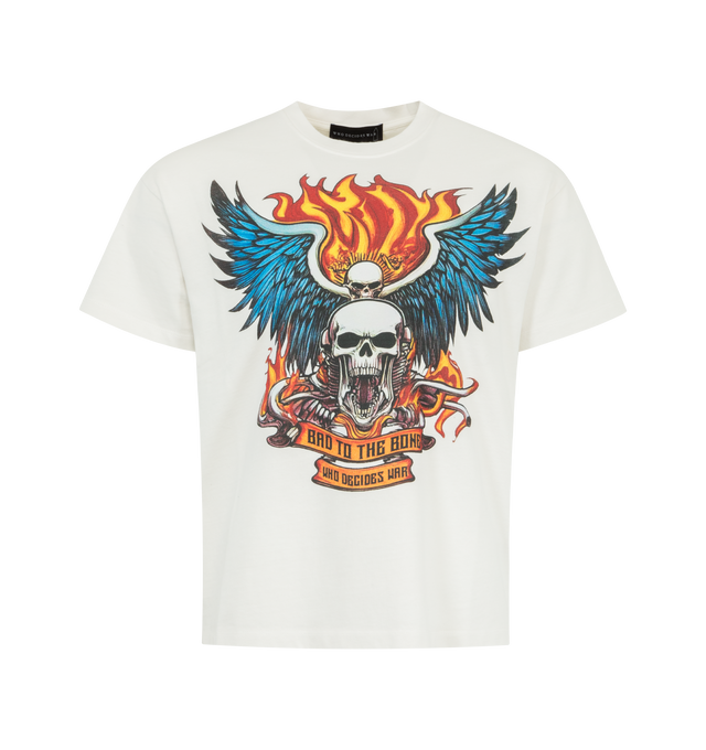 Image 1 of 2 - WHITE - WHO DECIDES WAR Bad To The Bone Jersey Tee featuring short sleeves, original artwork applied by screen print, boxy and slightly cropped fit. 100% cotton.