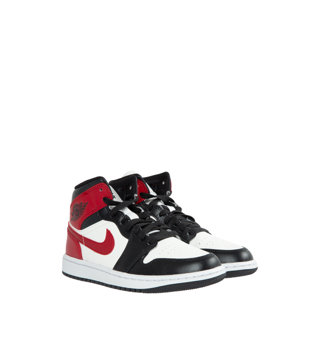 Image 2 of 4 - MULTI - AIR JORDAN 1 MID are red, black and white sneakers made from a premium leather and synthetic upper which provides durability, comfort and support. These sneakers have an air-sole unit in the heel that delivers signature cushioning as well as has a rubber outsole that offers traction on a variety of surfaces. 