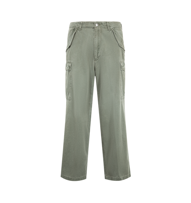 Image 1 of 3 - GREEN - A.Presse Men's Vintage US Army M-51 Field Pants feature premium cotton herringbone fabric with a wide, tapered silhouette inspired by the iconic military cargo pant. Crafted using irregular warp and weft yarns and a vintage-inspired dyeing process, these designer pants combine authentic character with exceptional Japanese craftsmanship. Additional details include flap pockets, cargo pockets, a thick cotton twill lining, an Asahi zipper closure, and intentional fading and distressing t