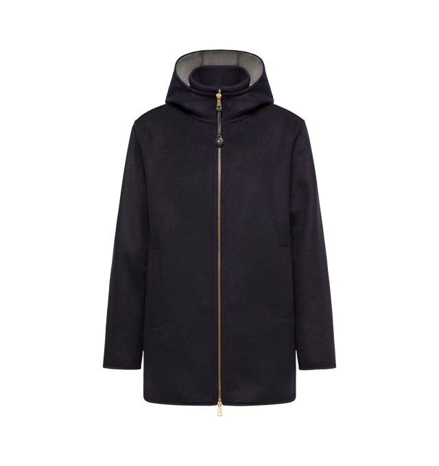 Image 1 of 1 - BLUE - Moncler Womens 3-In-1 Hooded Wool & Cashmere Jacket is a versatile design offering adaptable wear for changing conditions. Crafted from a wool and cashmere blend with longue saison lining, this style can be worn three ways: as a standalone coat, a lightweight down vest, or layered together as a mid-length down jacket. Features detachable hood, removable down-filled vest in longue saison, zipper closure, side pockets with snap button closure, and leather logo patch. Exterior: 90% Virgin