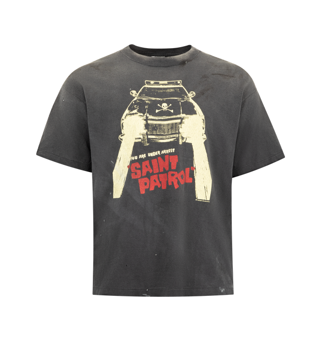 Image 1 of 2 - BLACK - SAINT MICHAEL Saint Patorol Tee featuring worn-in and distressed design, ribbed crewneck, short sleeves and graphic print on front and back. 100% cotton. Made in Japan.