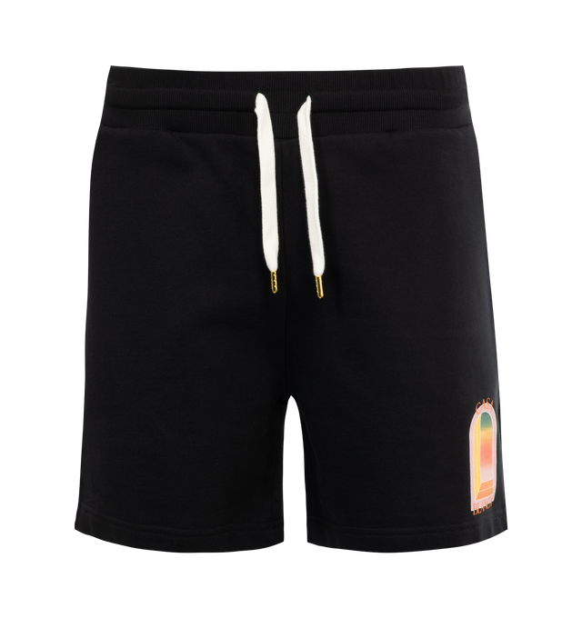 Image 1 of 3 - BLACK - CASABLANCA Gradient L'Arche Sweatshorts featuring elasticated waistband, gold-tipped drawstring fastening, side pockets and a back pocket. 100% organic cotton. 