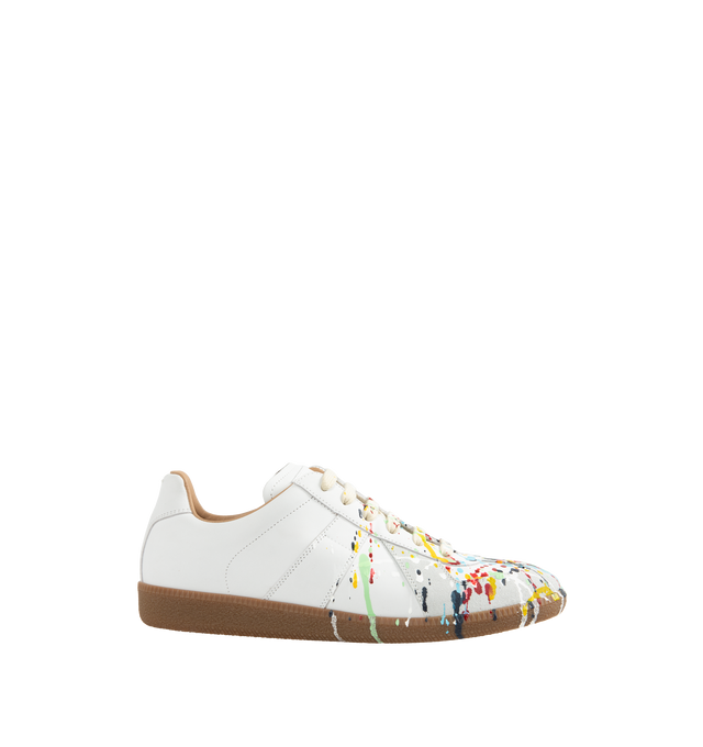 Image 1 of 5 - WHITE - MAISON MARGIELA Replica Sneakers featuring low-top sneakers in seude with colorful paint splatter effect at toe, lace-up closure and rubber sole.