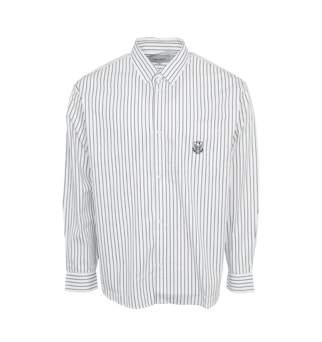 Image 1 of 3 - WHITE - CARHARTT WIP Linus Shirt featuring stripes throughout, concealed button tab at spread collar, button closure, logo graphic embroidered at patch pocket, shirttail hem, dropped shoulders, single-button barrel cuffs and box pleat at back yoke. 100% cotton. Made in Bangladesh. 
