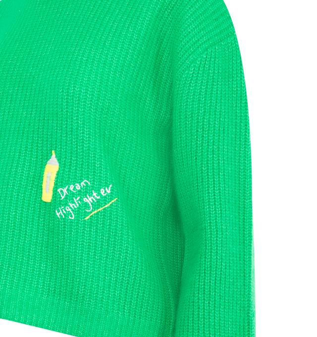 Image 3 of 3 - GREEN - MIRA MIKATI Embroidered Highlighter Cashmere Blend Jumper featuring ribbed cashmere blend knit, fluffy finish, ribbed crew neck, 'Dream highlighter' embroidery and long sleeves. 63% cashmere, 37% cotton.