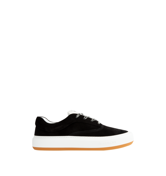 Image 1 of 5 - BLACK - GIVENCHY New City Sneakers featuring suede upper, low top sneakers, logo throughout, lace up closure and gum rubber sole.