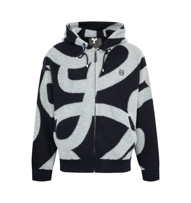 Image 1 of 3 - GREY - LOEWE Zip-Up Hoodie in medium-weight boucl wool and cotton featuring an allover placed oversized LOEWE L jacquard, relaxed fit, regular length, hooded collar, ribbed collar, cuffs and hem, zip front fastening with Puzzle puller and Anagram embroidery placed on the chest. Wool/cotton. Made in Portugal.