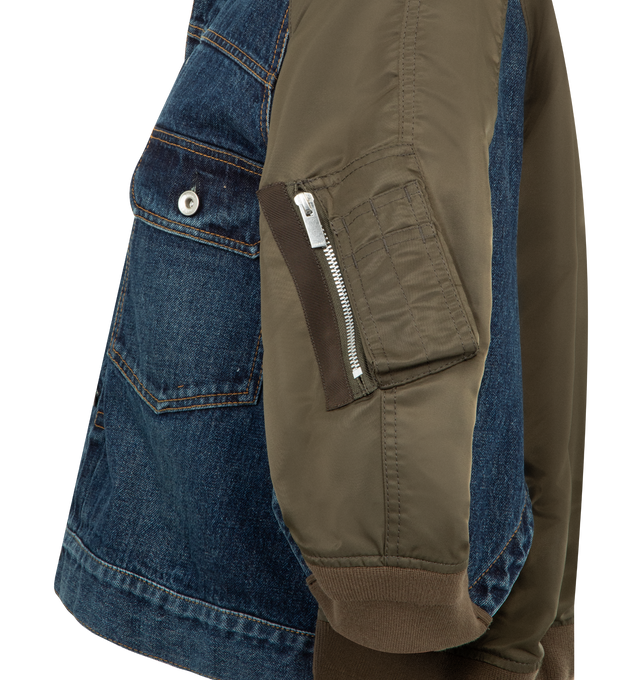 Image 3 of 3 - BLUE - SACAI Denim & Nylon Mixed Media Jacket featuring an indigo-dyed denim front contrasted by puffer-inspired nylon back paneling, front button closure, spread collar, three-quarter sleeves, chest button-flap patch pockets and sleeve zip pocket. 100% cotton. 100% nylon, 55% polyester, 44% cotton, 1% polyurethane. Made in Japan.