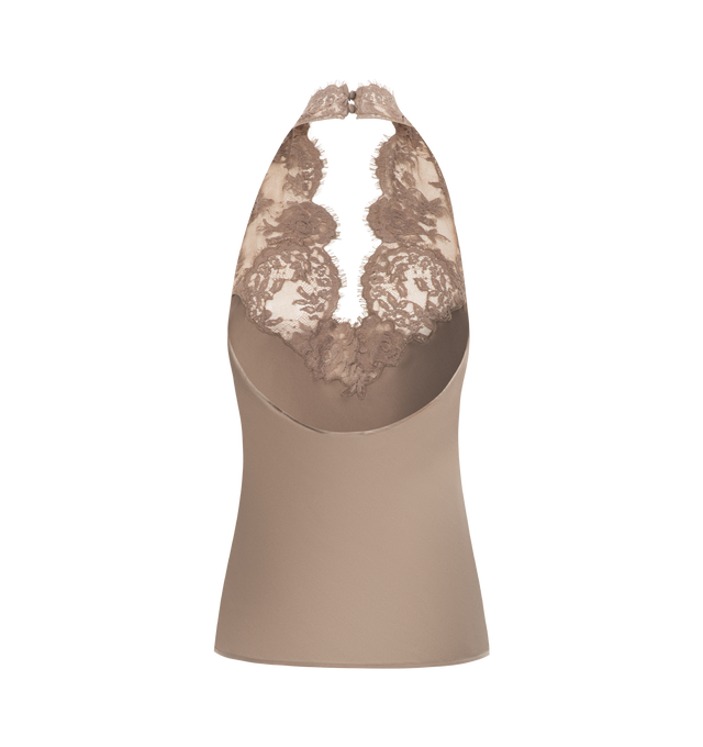 Image 2 of 2 - BROWN - SAINT LAURENT Halter Top featuring V neckline with scalloped lace dcollet, button closure at the back neck and backless. 100% silk.
