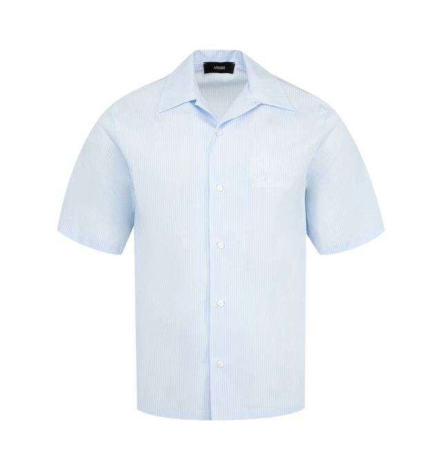 Image 1 of 2 - BLUE - AMIRI Starburst Logo Poplin Camp Shirt featuring cotton poplin adorned with thin pencil stripes, motif on the chest and back, logo stitching on the back neck, notch collar, button placket, short sleeves, straight hem and boxy fit. Cotton. Made in Italy.