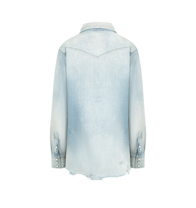 Image 2 of 2 - BLUE - FULLCOUNT Denim Western Shirt HW "Looks That Kill" featuring hand washed fading and creasing, pearl snap closure, western yoke front and back, dual flap pockets and curved hem. 100% cotton.