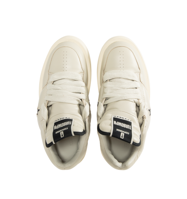 Image 5 of 5 - WHITE - Rick Owens DRKSHDW x Converse TURBOWPN Ox Sneakers featuring low-top, buffed leather, perforated detailing at toe and sides, lace-up closure, logo flag at extended padded tongue, padded collar, logo cutout at sides, buffed faux-leather lining and treaded rubber platform sole.