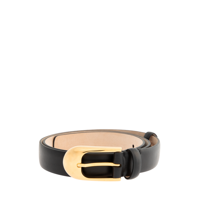 Image 1 of 2 - BLACK - KHAITE Dome 25mm Belt featuring smooth calf leather belt, polished gold-tone hardware and adjustable buckle closure. Buckle measures approx 4" W x 2.6" H. Made in Italy.