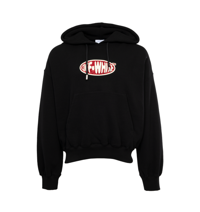 Image 1 of 4 - BLACK -  OFF-WHITE CRYST ROUND LOGO OVER HOODIE has the Off White logo in the center in an oval filled with red crystals, with a drawstring hood, wording on the back and kangaroo pockets. 100% cotton. 