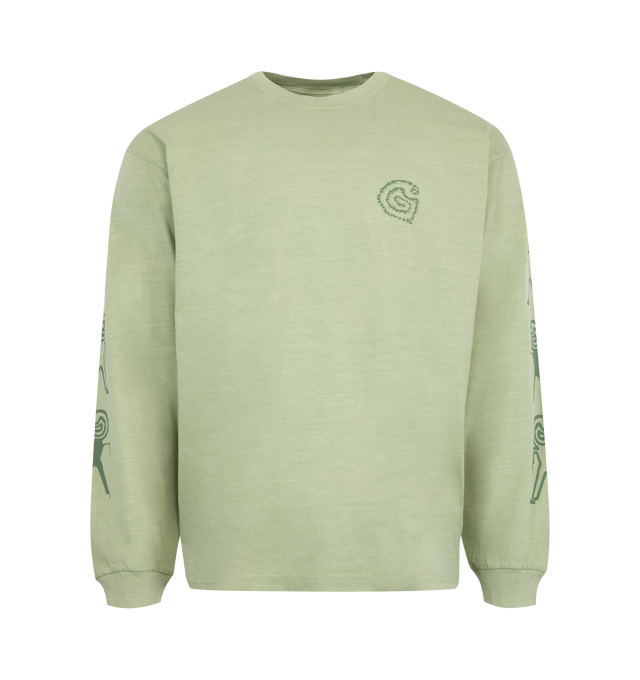 Image 1 of 3 - GREEN - CARHARTT WIP Terrestrial T-shirt featuring a loose fit, crewneck, long sleeves, graphic print on the front, back and sleeves, and straight hem. 100% cotton.
