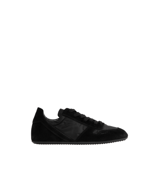 Image 1 of 5 - BLACK - RICK OWENS Minimal Low-Top Sneakers featuring a tonal, low-top silhouette with suede detailing, a round toe, lace-up style, textile upper, leather lining and rubber sole. Made in Italy.