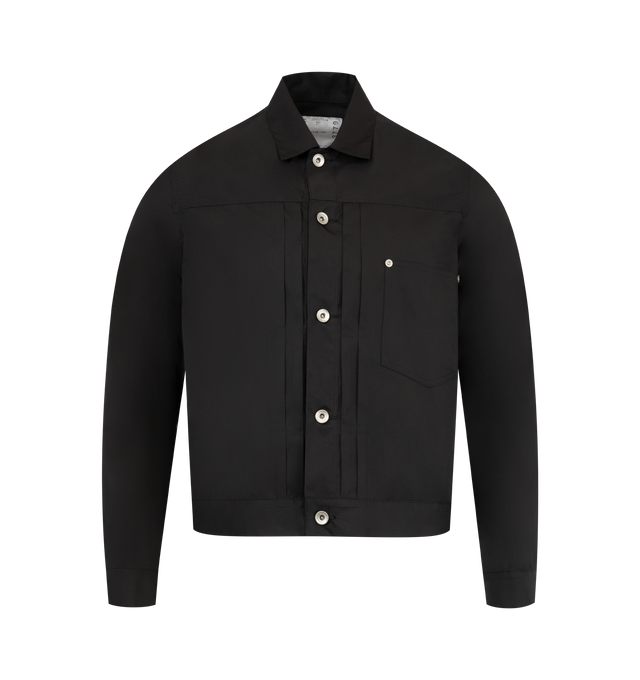 Image 1 of 2 - BLACK - SACAI Poplin Jacket featuring classic collar, front button fastening, long sleeves, buttoned cuffs, two side slit pockets, adjustable cinched back and straight hem. 100% cotton.