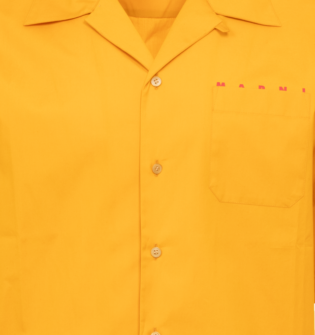 Image 3 of 3 - ORANGE - MARNI Logo Shirt featuring poplin texture, tonal stitching, camp collar, short sleeves, logo print at the chest, chest patch pocket, straight hem and front button fastening. 