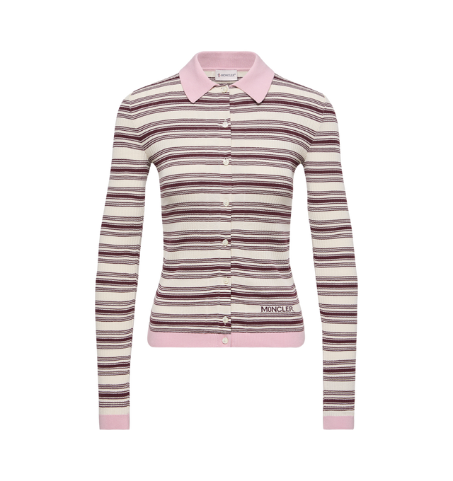 Image 1 of 1 - MULTI - MONCLER Cotton Crpe Polo Shirt featuring cotton crpe, gauge 18, plain knit with ribbed detailing, polo collar, long sleeves, jacquard Moncler logo and logo patch. 100% cotton.