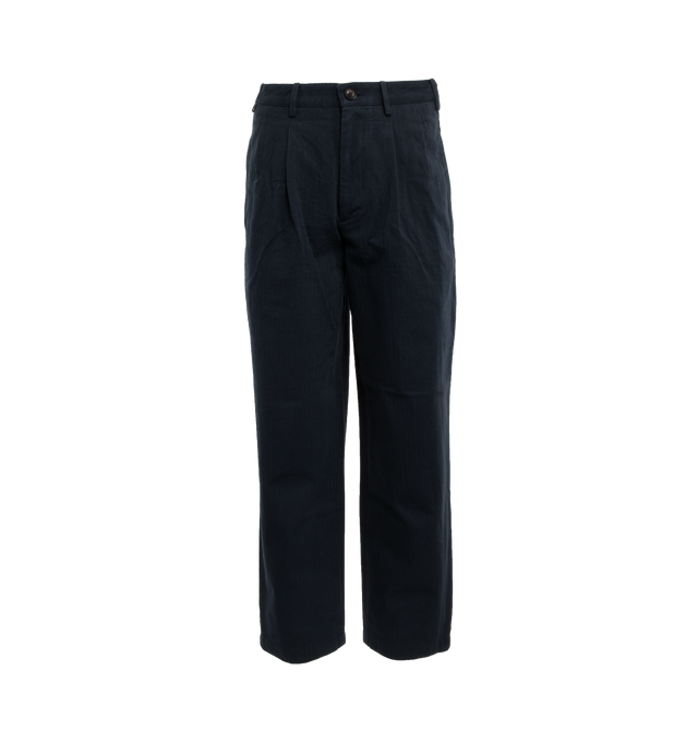 Image 1 of 3 - NAVY - NOAH Double-Pleat Herringbone Pant featuring double-pleated front with zip-fly and button closure, side seam pockets and besom back pockets with button closures. 100% cotton. Made in Portugal. 