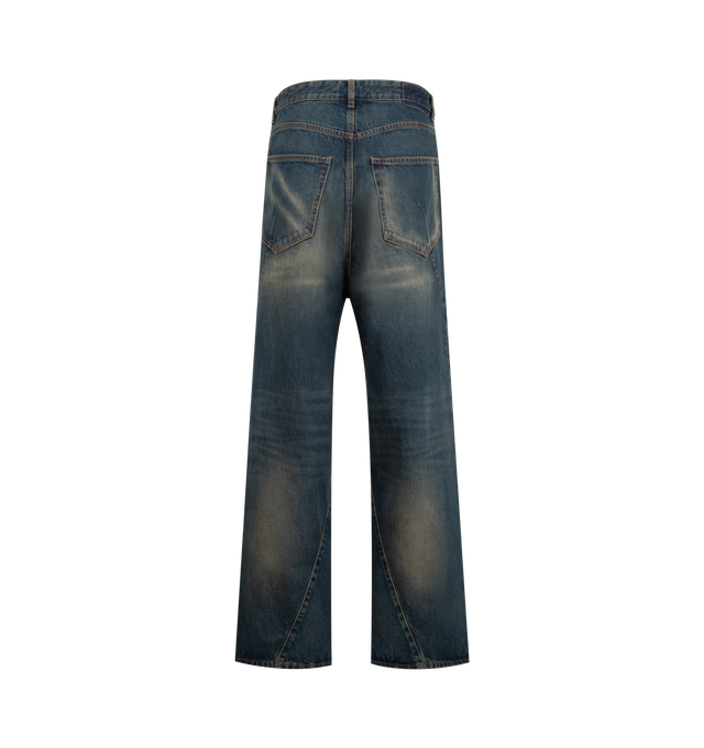 Image 2 of 3 - BLUE - VETEMENTS Spiral Jeans featuring non-stretch denim, fading and whiskering throughout, belt loops, five-pocket styling, button fly, curved inseam and outseams and logo-engraved hardware. 100% cotton. Made in Italy.