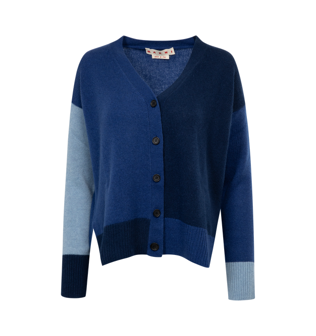 Image 1 of 2 - BLUE - MARNI cashmere cardigan in a colour-block panelled design with embroidered logo to the rear,  V-neck,  front button fastening, long sleeves, ribbed cuffs and asymmetric hem. Made in Italy. 100% Cashmere. 
