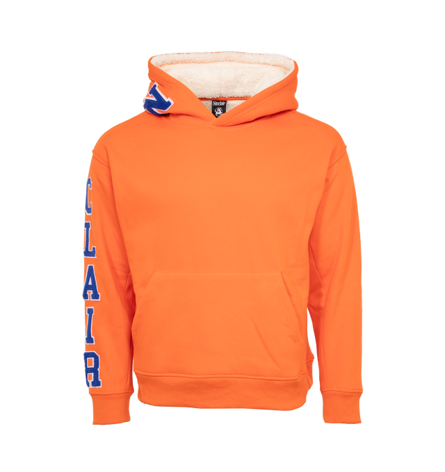 Image 1 of 4 - ORANGE - SINCLAIR GLOBAL AB SPECIAL SWEATSHIRT featuring loose fit, embroidered chenille logo down hood and sleeve, kangaroo pocket and sherpa lining.  